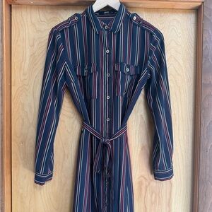 Oasis Belted Stripe Shirt Dress Navy Multi Knee Length Retro Office US 4 (S/XS)